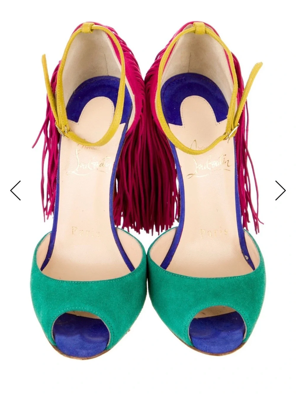 Authentic Christian Louboutin Color Block Fringe Suede Peep-Toe Heel